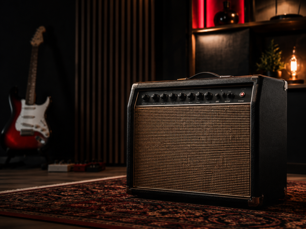 Guitar amplifier in a warm dark studio