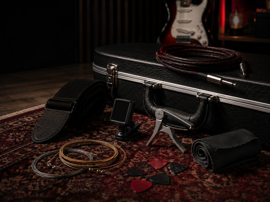 Guitar case, strap, tuner, capo, strings, picks and cable